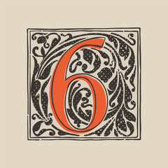 Number six drop cap logo in medieval engraving style. Blackletter square initial.
