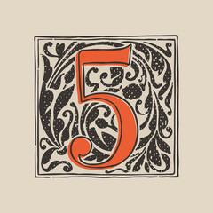 Number five drop cap logo in medieval engraving style. Blackletter square initial.