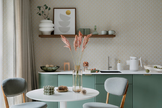 Aesthetic composition of dining room interior with mock up poster frame, round table, gray chair, glass vase with dried flowers, green shelf, wallpaper and personal accessories. Home decor. Template.