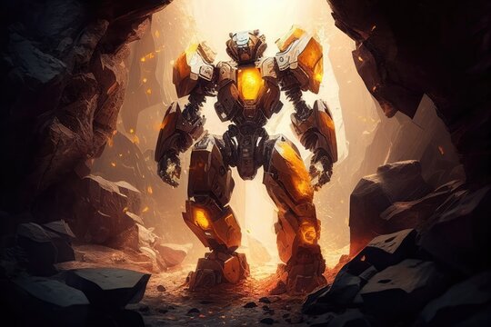 Robot superhero enters the cave, sunset light. Generative AI