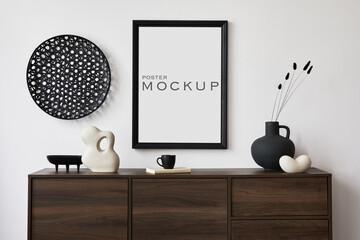 Creative composition of modern living room interior design with mock up poster frame, brown...