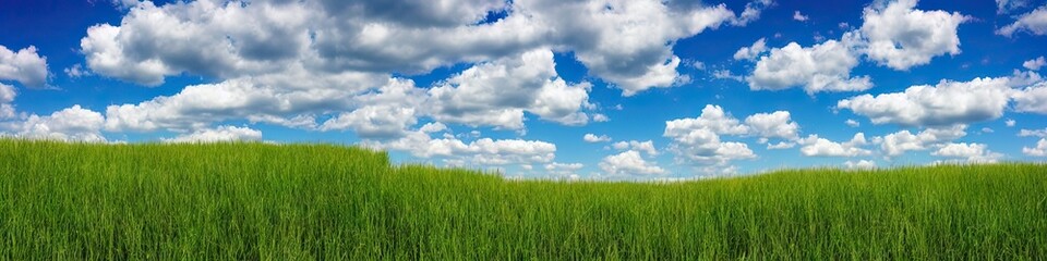Green grassy field and blue skies with puffy white clouds. Panoramic landscape