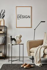 Stylish composition of elegant living room interior design with mock up poster frame, metal and wooden shelf, sofa, vintage vases and personal accessories. White wall. Copy space. Template.