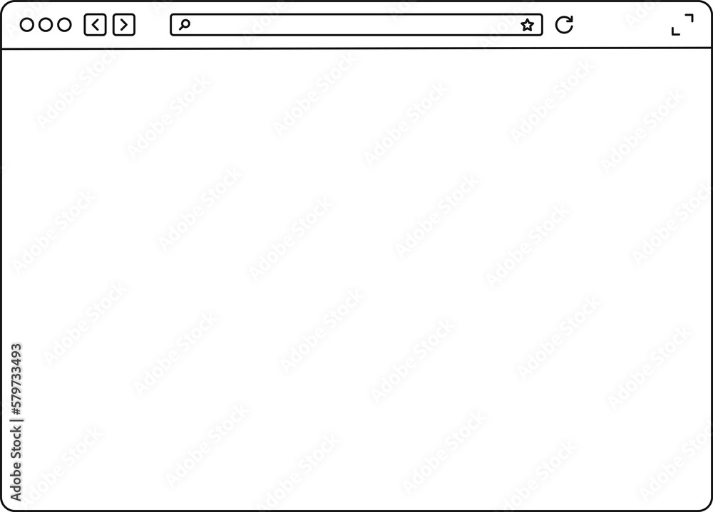 Poster Browser window template in line design. Blank web page with toolbar and search. Web window for PC, tablet and laptop. Browser or app mockups.