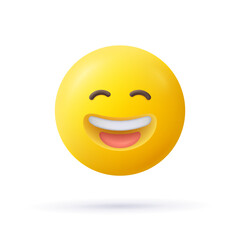 Yellow emoji face smile of joy. Happy laughing emoticon. 3d vector icon. Cartoon minimal style.