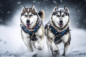 Naklejka premium Sled dogs, pair of huskies running along snowy road in forest on winter day. Sports northern animals. Generative AI