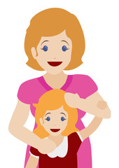 Tender blonde mother and daughter hug scene in flat style, Vector illustration.