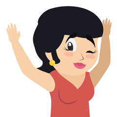 Winking woman in red dress with raised hands, Vector illustration