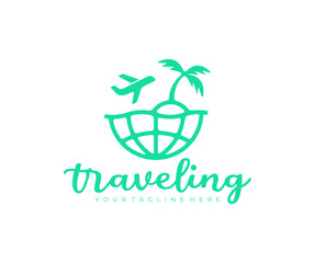 Planet, earth, island with palm tree and plane, travel, logo design. Traveling, journey, travel agencies, rest, nature and plant, vector design and illustration