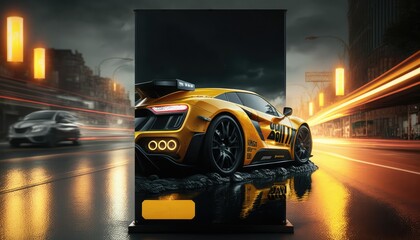 Mockup advertising design for car oil with a car background.