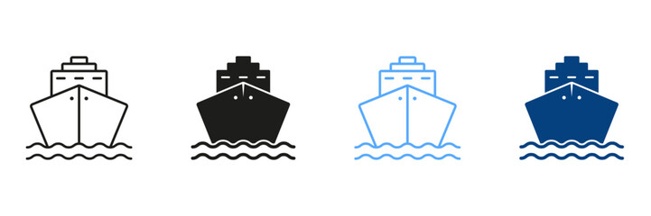 Set Of Line And Silhouette Color Icons Of Cruise Ships. Ocean Vessel Pictogram. Symbols Collection Of Cargo Ship, Cargo Marine Transport on White Background. Isolated Vector Illustration