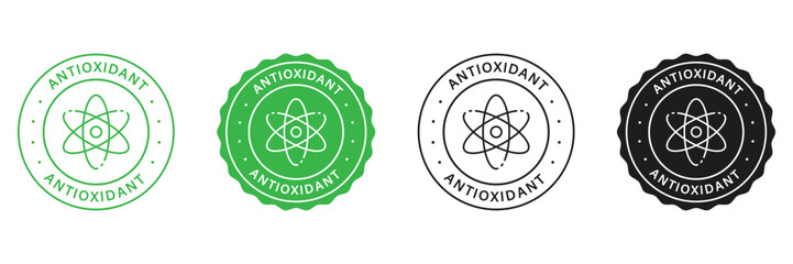 Natural Antioxidant Stamps Set. Healthy Organic Natural Products Green and Black Labels. Antioxidant Molecular Cell Logo. Antioxidant Detox Symbol. Isolated Vector Illustration