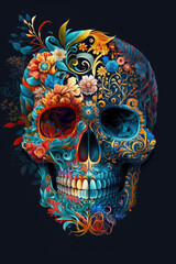 Boho Skull Colorful Skulls with Intricate Patterns and Flowers - Retro Style Artwork Skull PNG | AI Generated
