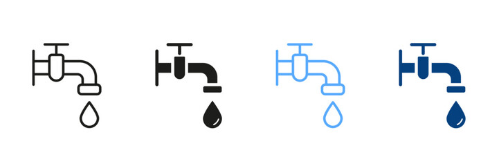 Faucet and Drop of Water Black and Color Pictogram. Water Tap with Classic Valve Silhouette and Line Icon Set. Bathroom Symbol Public Service, Plumbing Symbol Collection. Vector Isolated Illustration