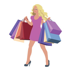 A beautiful young girl in a pink blonde dress comes out of the shops with shopping bags. Vector flat illustration.