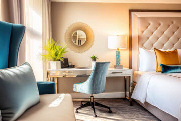 Hotel bedroom interior, modern design apartment room Generative AI
