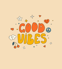 Fototapeta premium Vector illustration with hand-drawn groovy design lettering for prints and posters. Colorful vintage hippy design.