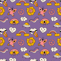 Vector seamless pattern with groovy style elements on purple background. Cartoon funky flower, heart, smile, rainbow, vintage hippy style design.
