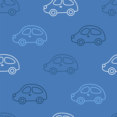 Seamless pattern with cute cars on blue background. Modern design for fabric and paper, surface textures.
