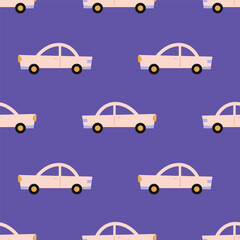Seamless pattern with cute cars on blue background. Modern design for fabric and paper, surface textures.	
