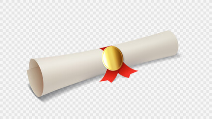 Graduation or diploma scroll with red ribbon. Vector illustration of graduation degree scroll with golden medal isolated on checkered background. Realistic element for decoration poster, banner. - obrazy, fototapety, plakaty