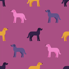 Seamless vector pattern with cute labrador dogs on purple background. Modern design for fabric and paper, surface textures.	
