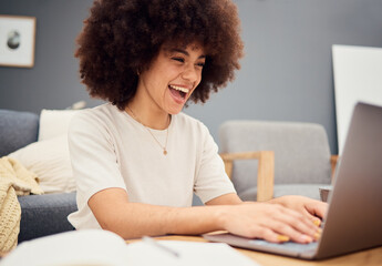 Fototapeta na wymiar Happy black woman afro, laptop and smile in excitement for learning, education or good news at home. African American female student enjoying study time while working or reading email on computer