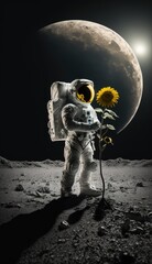 Astronaut with sunflower on the moon, made with generated ai