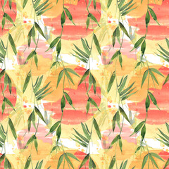 Eastern, red sun in bamboo leaves with yellow spots and splashes of paint. Watercolor, seamless pattern. Sunny, Asian. For fabric, textiles, cover art, decoration and fashion design, wallpaper