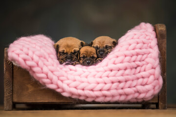 The dogs sleep on a wooden bed