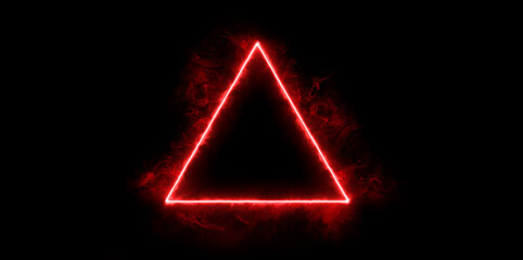 Naklejka premium Energy red geometric triangle on a dark background. Beautiful futuristic swirling smoke. Mockup for titles, product and logo. Texture for designer background.