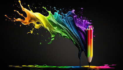 Künstlerisch abstrakte Farbspritzer mit Holzstiften in den Farben der Regenbogenflagge der LGBT-Bewegung (Lesbian, Gay, Bisexual and Transgender) in Neon. (Generative AI)