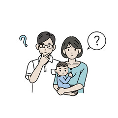 考える、疑問を持つ若い夫婦のイラスト