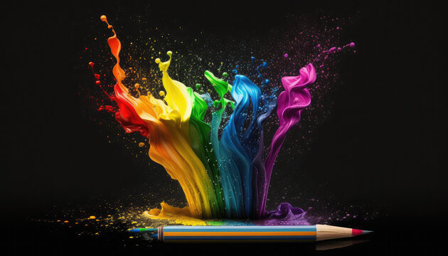K&uuml;nstlerisch abstrakte Farbspritzer mit Holzstift in den Farben der Regenbogenflagge der LGBT-Bewegung (Lesbian, Gay, Bisexual and Transgender) in Neon. (Generative AI)
