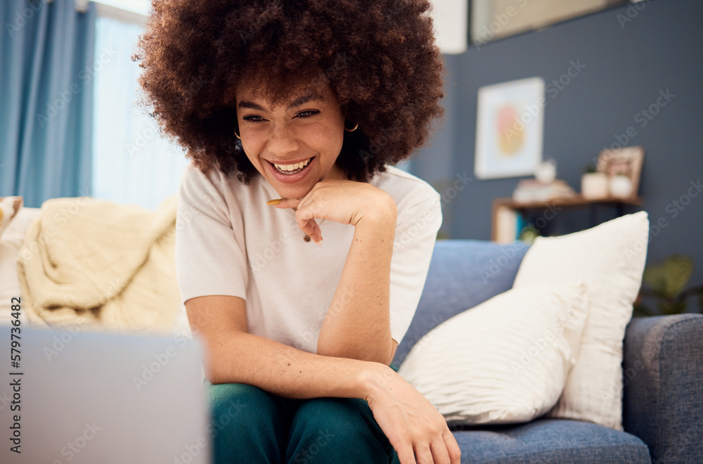 Wall mural Black woman in living room, laptop and video call, download movies and online show, relax and sofa lounge. Happy young african blogger, influencer and female with afro, technology and media on couch