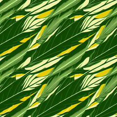 Summer seamless pattern with tropical exotic leaves. Generative AI art.