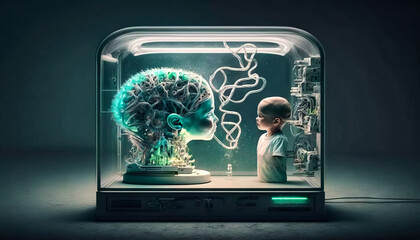 Glass dome with an artificial open electronic brain and the torso of a little boy absorbing the knowledge, made with generative ai