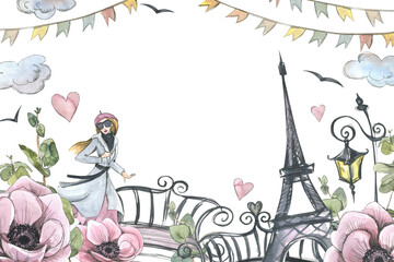 Eiffel Tower with girl, lantern, bridge and flowers. Watercolor illustration in sketch style with graphic elements. Template from the PARIS collection. For registration and design of postcards