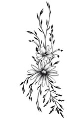 Black and white floral bouquet for design. Hand drawn vector illustration.