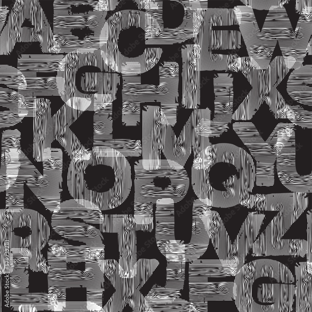 Poster black and white seamless pattern of english letters with textile texture. vector background with cap