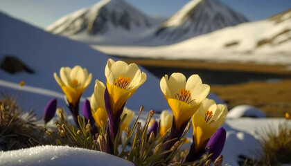 Spring awakening landscape with first purple yellow crocuses flowers on the snow at early morning sunrise sunlight. Generated AI. - 579737230