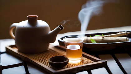 Hot chinese green tea with mint, with splash pouring from the kettle into the cup, steam rises, dark background, selective focus