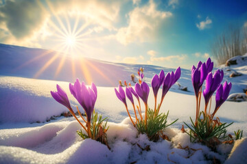 Spring awakening landscape with first purple crocus flowers on the snow at early morning sunrise sunlight. Generated AI. - 579737632