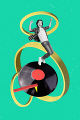 Collage 3d image of pinup pop retro sketch of lucky small kid having fun dancing retro music isolated painting background