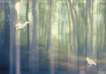 神秘的な明るい森と白い鳥格子模様付き背景（グリーン）