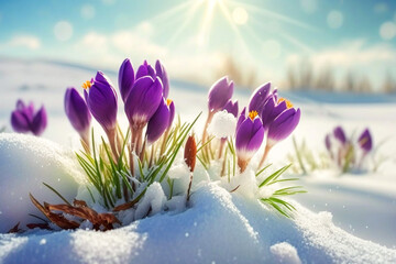 Spring awakening landscape with first purple crocus flowers on the snow at early morning sunrise sunlight. Generated AI.