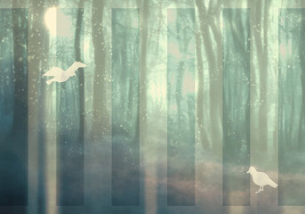 神秘的な明るい森と白い鳥格子模様付き背景（ライトグリーン） - obrazy, fototapety, plakaty