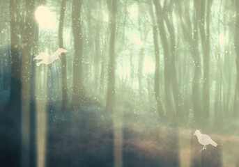  神秘的な明るい森と白い鳥背景イラスト（グリーン）