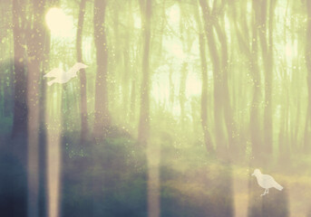  神秘的な明るい森と白い鳥背景イラスト（ライトグリーン）