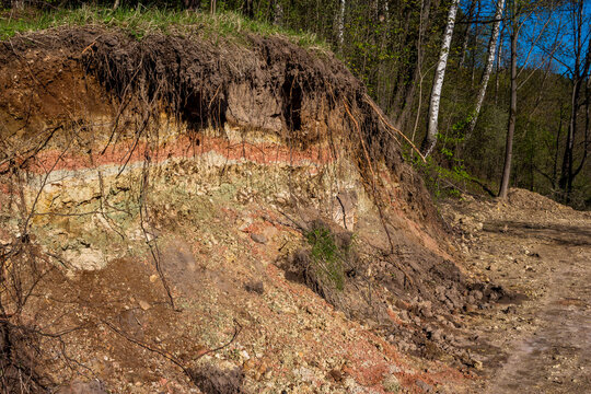 Section of a part of a slope with layers of variegated clay covered with a layer of soil on top